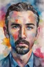 Placeholder: facial portrait, wide set blue eyes, large, curved down nose, big lips, square jawline, bushy eyebrows, dark brown hair, gray sideburns, goatee, a bright, extremely colorful, multicolored watercolor stained wall in the background