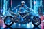 Placeholder: transparent glass blue shiny cyborg woman riding a transparent glass-metallic futuristic motorcycle, high cyber city background, high detailed, cyberpunk style, high contrast, dramatic low angle, full body visible, legs visible, the way with neon lights, sharp focus, perfect composition, measterpiece