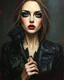 Placeholder: painting of a woman gothic style make up and leather jacket holding a black rose , surrealist painting, surrealist artwork, emotional bsurrealist art, abstract surrealist, a surrealist painting, surrealist art , abstract surrealism, abstract surrealism masterpiece, surreal painting, contemporary surrealism, magically shaped surrealism