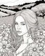 Placeholder: a coloring page in the outline ink style: the close-up face of an adult african girl with blond long hair surrounded by flowers, leaning towards the viewer, with a natural landscape in the background. In the style of Tim Burton, black graphic outlines, without gradients, in a rough style