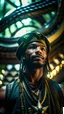 Placeholder: close up portrait of a happy blessed buffalo soldier standing on a throne in a space alien mega structure with stairs and bridges woven into a sacred geometry knitted tapestry in the middle of lush magic jungle forest, bokeh like f/0.8, tilt-shift lens 8k, high detail, smooth render, down-light, unreal engine, prize winning