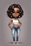 Placeholder: Create a whimsical chibi image of a black female with shoulder length BOB style hair, blsck silky and brown eyes. Long eye lashes wearing a torn jeans and tank top with diamond studded "pretty" on the front, sandals , plus size body style. Diamond studded glasses and hoop earrings forward facing, 2k, white background