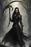 Placeholder: an elven warrior, with golden eyes, long black braid, dressed in black leather, carrying a gigantic scythe