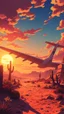 Placeholder: anime style, sunset, desert garden, an airplane crashed on the ground broken wing ,cinematic view