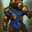 Placeholder: An angry bear warrior in blue and gold armor, background of Inka jungle, high detail, smooth, realistic, digital illustration, Artstation, artgerm,