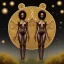 Placeholder: Female angelic African American Twins, black skin, tall and slender, long afro kinky hair,big brown eyes, long eyelashes warrior wear. Big butts. Gold accents on clothing. Surround by trees. Holding golden spears. Starry night