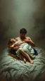 Placeholder: Remy Cogghe painting style, a trajectory a man holding his girl who is dead , she is laying down on bed in a foggy smoky background