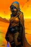 Placeholder: create a fine art print full body illustration of a rugged gritty, roughly textured, hooded, black clad and dusty Fremen female mercenary with highly detailed feminine facial features, amidst the billowing desert storms of Arrakis, in the comic book art style of Bill Sienkiewicz, and Jean Giraud Moebius, finely textured, drawn, colored, and inked,