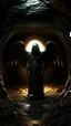 Placeholder: An hooded Angel with wings , thick layer of dark brown corrosion , standing in front of a dark cave, Bosch painting style , of a nightmare , fisheye lens, hyper photorealistic, hyper detailed dark , high resolution, fog, octane render, tilt shift, 8k ,