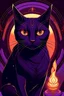 Placeholder: un gato negro con símbolos egipcios en la cara y ojos en llamas que sean de color morado, en un ambiente con tonos morados