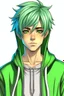 Placeholder: Anime Young man with green hair wearing a hoodie realistic