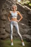 Placeholder: beautiful anorexic woman, standing, silver yoga leggins, short silver yoga top, medium length very wavy bob haircut, 85 mm lens, slim chest, laughing