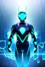 Placeholder: cyberpunk, neon blue, high technology, geometric figures, orbiting figures, cyberpunk suit, black and blue, epic, rain, neon blue suit, geometric figures orbiting around suit, exosuit, male