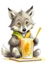 Placeholder: wolf cub reading book with a glass of juice with straw on right side