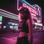 Placeholder: street photography of a woman on the street, night time, cyberpunk neon lights, 16mm , perfect photography, 1980's,vhs footage,wearing futuristic VR, low light,shot by jvc gr-sz7,glitch