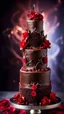 Placeholder: stunning chocolate wedding cacke with black and ruby chocolate decorations, high realistic, high detalied, sharp focus, dynamic lighting, stunning, blur background with pale light