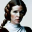 Placeholder: half-length color photo shoot, three-quarter face pose of carrie fisher as Princess Leia with realistic fine and very simple short hair, entrancing deep brown eyes, Intricate, High Detail, Sharp focus, realism, beautiful and detailed lighting, Nikon D850, ef 85mm 5.6 by Annie Leibovitz