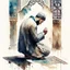 Placeholder: A man is praying namaz with background of islamic pattern, detailed, ultra fine brush use, watercolour painting