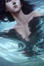 Placeholder: a beautiful woman, long curly black hair,closed eyes,coming from beneath the water,braking the surface with her face just coming out the water,looking up symbolism for breaking free. realistic,8k quality, action close shot from areal view,highly detailed , chaos 80