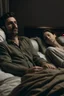 Placeholder: a man sleeping in a bed with a woman next to him sitting up