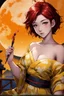 Placeholder: (Asian), short hair, fiery red hair hair, yukata, yellow clothes, 8k, best quality, winking, very dark night time, lighting from moon yellow moon, perfect, masterpiece