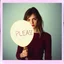 Placeholder: a young sad woman who looks like Elle Fanning, holding a balloon where is it written "PLEASE", surreal, liminal atmosphere, polaroid