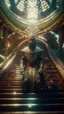 Placeholder: close up portrait of a happy blessed ancient magical king soldier standing on a throne in a space alien mega structure with stairs and bridges woven into a sacred geometry knitted tapestry in the middle of lush magic forest, bokeh like f/0.8, tilt-shift lens 8k, high detail, smooth render, down-light, unreal engine, prize winning