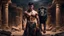 Placeholder: Hyper Realistic Handsome Muscular Shirtless Young King with short-black-hair standing with Black-Lion-with-horns-on-his-head inside a ruins of a lost-city between a desert at dark night with dramatic & cinematic ambiance