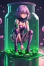 Placeholder: moody anime girl in a futuristic suit made with slime, scared face trapped in a jar, feet point view,