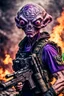 Placeholder: an epic 12k,ultra high definition , digital photo of a scary looking alien, purple colored alien, angy and rising from the ashes, a war veteran, army beret , captain rank, ripped and torn ammo clothing, chaotic fiery and dust background, dramatic close-up action shot of him behind the machine hand gun on the burned out war tanker,gothic and sinister