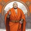 Placeholder: old fat menacing gangsta monk with tattoos is dressed with an orange buddah robe: page by artist Harvey Tolibao and colorist Rebecca Nalty for a tale. He points the camera to say "thank you", he holds a panel "Thank You!",