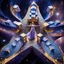 Placeholder: A surreal cosmic scene featuring an elegant woman in a flowing lavender and blue gown standing at the center of a massive five-pointed star-shaped platform floating in deep space. The star is constructed from intricate architectural elements - miniature buildings, geometric cubes, and stone blocks arranged in a mosaic pattern. Golden luminous trails and swirling energy ribbons spiral around the star's points. The background features a breathtaking nebula with purple, pink, and blue cosmic clouds
