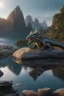 Placeholder: Ultra realistic photo of Dragon sitting on top of a rock next to a body of water concept ,full size, science, technology,future,electric ,futuristic style, design, practicality,manufacturability,performance, performance, HOF, professional photographer, captured with professional DSLR camera, trending on Artstation, 64k, full size, ultra detailed, ultra accurate detailed, bokeh lighting, surrealism, background,(((realism, realistic, realphoto, photography, portrait, , realistic, beautiful, elegan