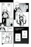 Placeholder: blonde girl converses sitting on a chair, isometric view, grayscale, manga page