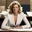 Placeholder: Anna Gunn, embodying the role of Skyler White, sits perched on a desk, her presence commanding attention. Her crisp, revealing white top contrasts sharply with the seriousness etched on her face. As she leans forward, her eyes glint with a steely determination, a hint of vulnerability hidden beneath the facade of strength. Her desk is full of papers and spreadsheets