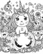 Placeholder: A unicorn with pumpkins and ghosts, kawaii style, fine lines, black and white, coloring page for adults