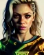 Placeholder: portrait, Shakira, blonde artist, angry, Realistic image, hoodie, mma gloves, combat posing, make-up make-up, gold line make-up, sweat, fog, goddess style, Neon colors, leds. Black background, photo studio, concept art, smooth, unreal engine 5, god lights, ray tracing, RTX, lumen lighting, ultra detail, volumetric lighting, 3d, finely drawn, high definition, 4k.