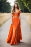 Placeholder: very beautiful ukrain lady wearing orange pretty maxi flared dress with hair silver crown ,standing idle pose