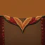 Placeholder: an autumn colored textured cloth embroidered ornamental leaves, pointed bottom, on darker textile background, embroidered text across top, Canadian western cowboy style