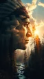 Placeholder: portrait of native Indian Double exposure surreal digital art of a mysterious , his face in profile, blending seamlessly into the shape of the clouds . a magical forest scene unfolds, illuminated by golden light rays, with tall trees and a flowing river.