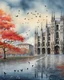 Placeholder: Milan Cathedral. Amanda Clark, Zdzisław Beksiński, Jacek Yerka and Yossi Kotler style mix, surreal whimsical autumn landscape, watercolor- fall foliage is almost over. A beautiful red maple clings to the last of its leaves and a flock of small birds nestled on its branches, watercolour and ink illustration, wet-on-wet, loose water effects, white, red and golden paint splatter, voronoi pattern, richly textured, fluffy clouds, beautiful vibrant colors, opalescent gradient. Modifiers: intricate bea