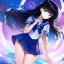 Placeholder: Clear focus, High resolution, girl wearing a purple sailor moon outfit, long fluffy black hair, blue eyes, wearing a sailor uniform skirt including color and length