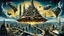Placeholder: a stunningly weird image of a futuristic metropolis using Salvador Dali's paranoiac-critical method, where buildings and structures appear to melt into the skyline cityscape is filled with floating mad, twisted sharp metal shapes that interact with the buildings and each other, forming a surreal tableau of a dreamlike reality. neu-steampunk vibe, essence of the scene in a cinematic manner, with dramatic shadows that enhance the distorted perspectives and bizarre