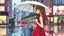 Placeholder: colorful flat illustration classical animes, A young Caucasian woman with long brown hair wearing a red dress and holding a white umbrella, walking alone on a rainy city street with blurred buildings and lampposts in the background, draw art style influenced by japanese artists, niji, black outlines