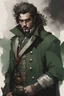 Placeholder: genasi fantasy pirate captain dressed in dark green heavy coat and metal chainmail shirt holding a smoking pipe by Florian Nicolle