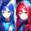 Placeholder: Clear focus, 8k, beautiful lighting, vibrant colors, girl, blue hair, long hair, vibrant red eyes, same twins, red hair, blue eyes,