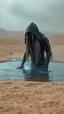 Placeholder: A hyper realistic photo of: Some forgotten realms strong dark skinned draw hooded creature with long white hair wades into a strongly dark grey colour emitting magically radiating and bubbling color pool in an endless windswept level landscape of only sand and grit. photorealistic, bokeh, masterpiece, smooth shading, ultra detailed, high resolution, cinematic, unreal 6, subtle shadows, octane render, 8k, cinema 4d, HDR, dust effect, vivid colors