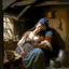 Placeholder: a medieval woman breastfeeding a man in a shed, oil painting,