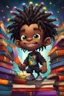 Placeholder: A sassy futurism ABSTRACT colorful art cartoon black chibi BOY troll LOOKING DOWN, surrounded by colorful BOOKS. Looking up coyly, he grins widely, showing his Teeth. Highly detailed black shiny dread locs , regal expression.
