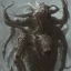 Placeholder: huge giant human hybrid parasite, future exoskeleton armor, black large hollow eyes horror cry, black open mouth, sweat dripping, screaming in anger, skulls on ground bones, horns